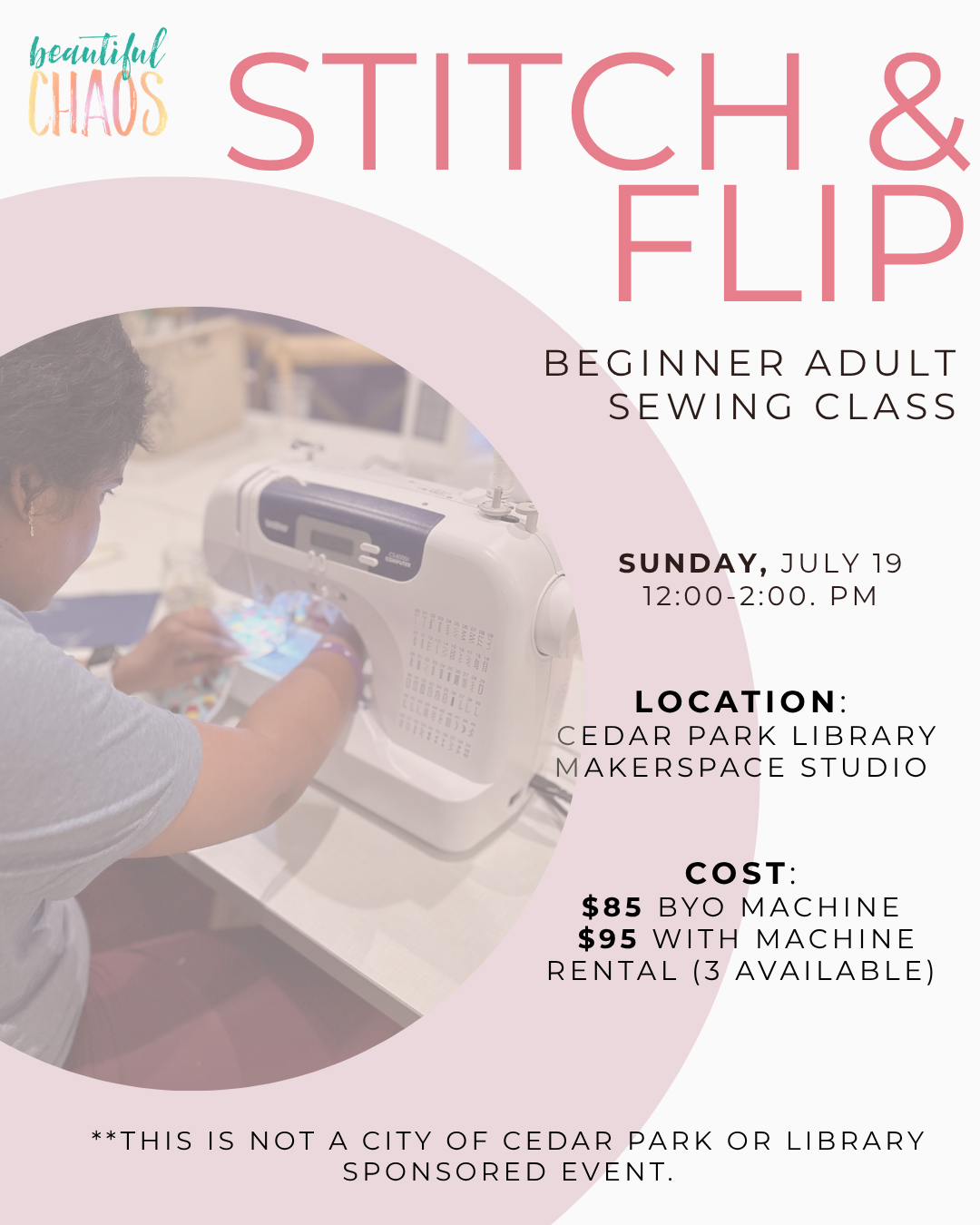 STITCH & FLIP : JULY Beginner Adult Sewing Class | Cedar Park, Texas